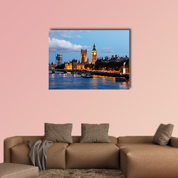 Big Ben and Westminster Bridge at Dusk Canvas Wall Art in orange, yellow and blue, single panel hung on a wall