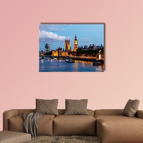 Big Ben in the Evening Canvas Wall Art in orange, yellow and blue, single panel hung on a wall