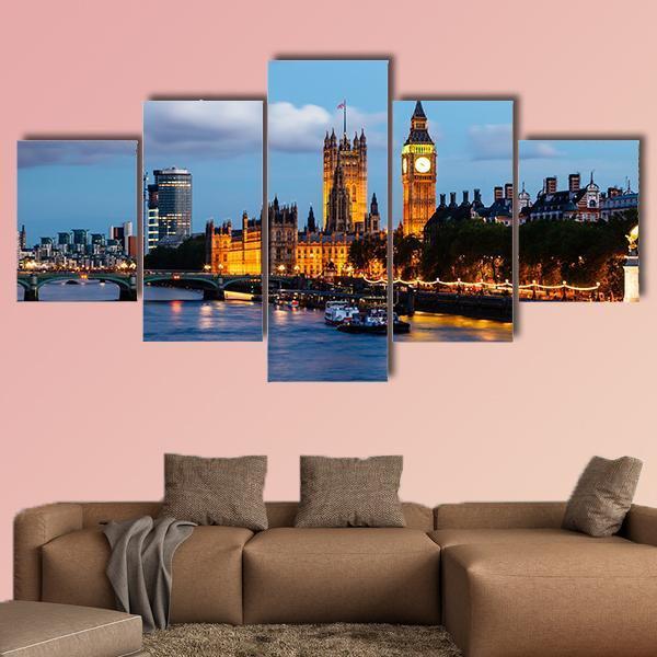 Big Ben In The Evening Canvas Wall Art-5 Star-Gallery Wrap-62" x 32"-Tiaracle