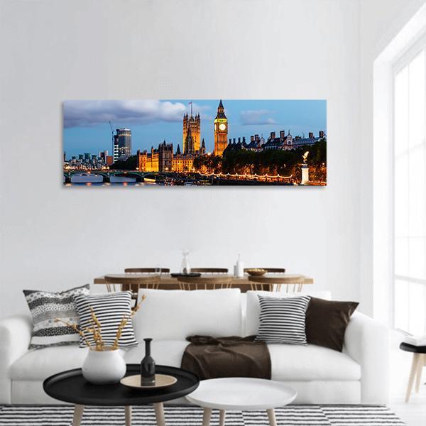 Big Ben In The Evening Panoramic Canvas Wall Art-3 Piece-25" x 08"-Tiaracle