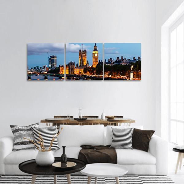 Big Ben In The Evening Panoramic Canvas Wall Art-3 Piece-25" x 08"-Tiaracle