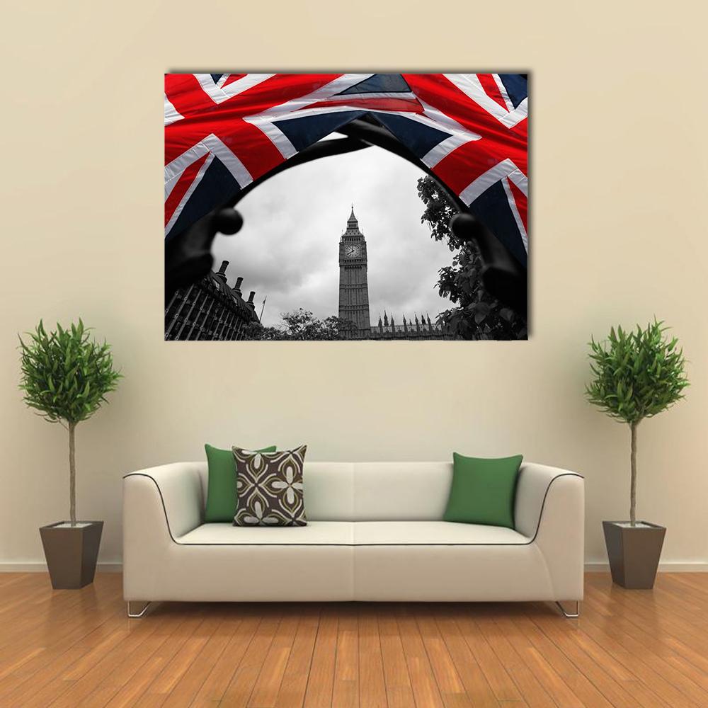 Big Ben with Union Jack Flag Canvas Wall Art in gray, red and blue, single panel hung on a wall