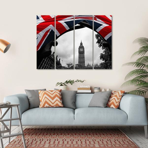 Big Ben With Flag Of England Canvas Wall Art-4 Horizontal-Gallery Wrap-34" x 24"-Tiaracle