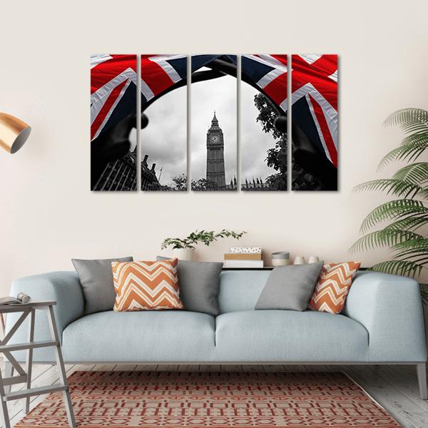 Big Ben With Flag Of England Canvas Wall Art-5 Horizontal-Gallery Wrap-22" x 12"-Tiaracle