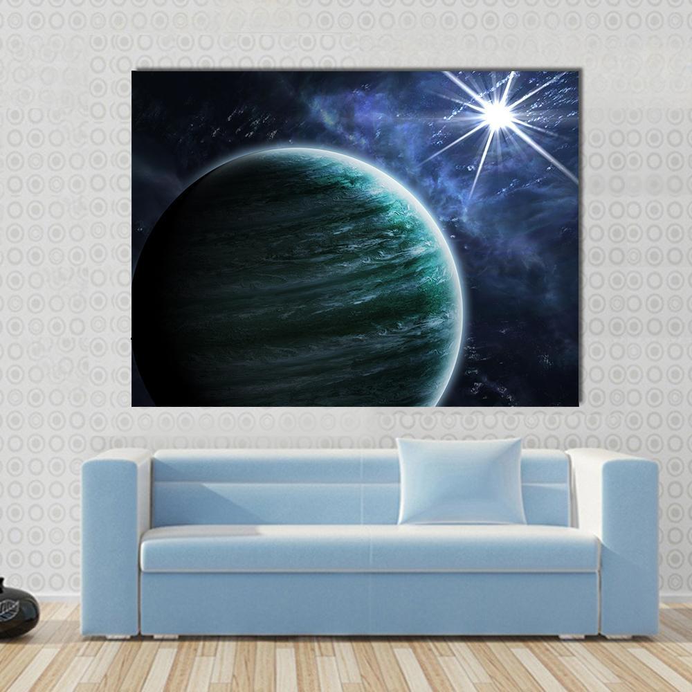 Big Gassy Planet Canvas Wall Art in black, green and blue, single panel hung on a wall
