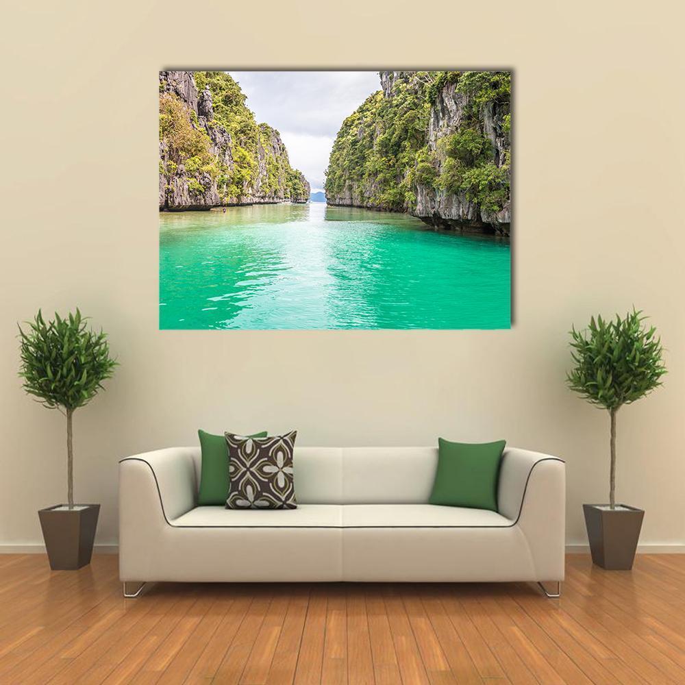 Big Lagoon Philippines Tropical Bay Canvas Wall Art in gray, green and blue, single panel hung on a wall