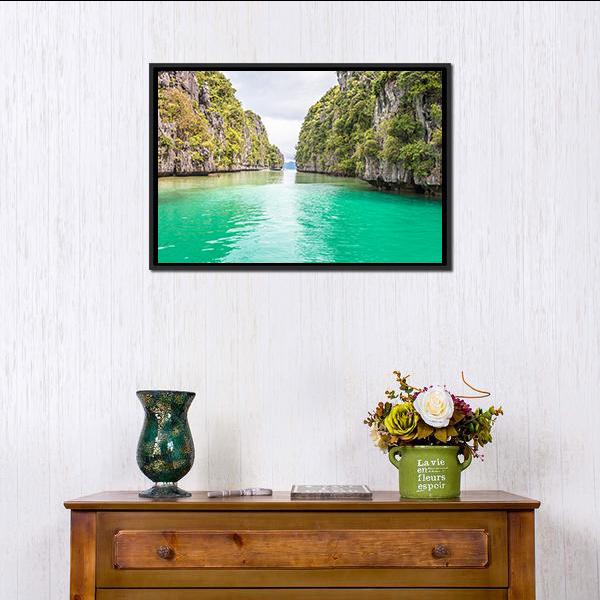 Big Lagoon Philippines Tropical Bay Canvas Wall Art in gray, green and blue, framed canvas, product view on a white background