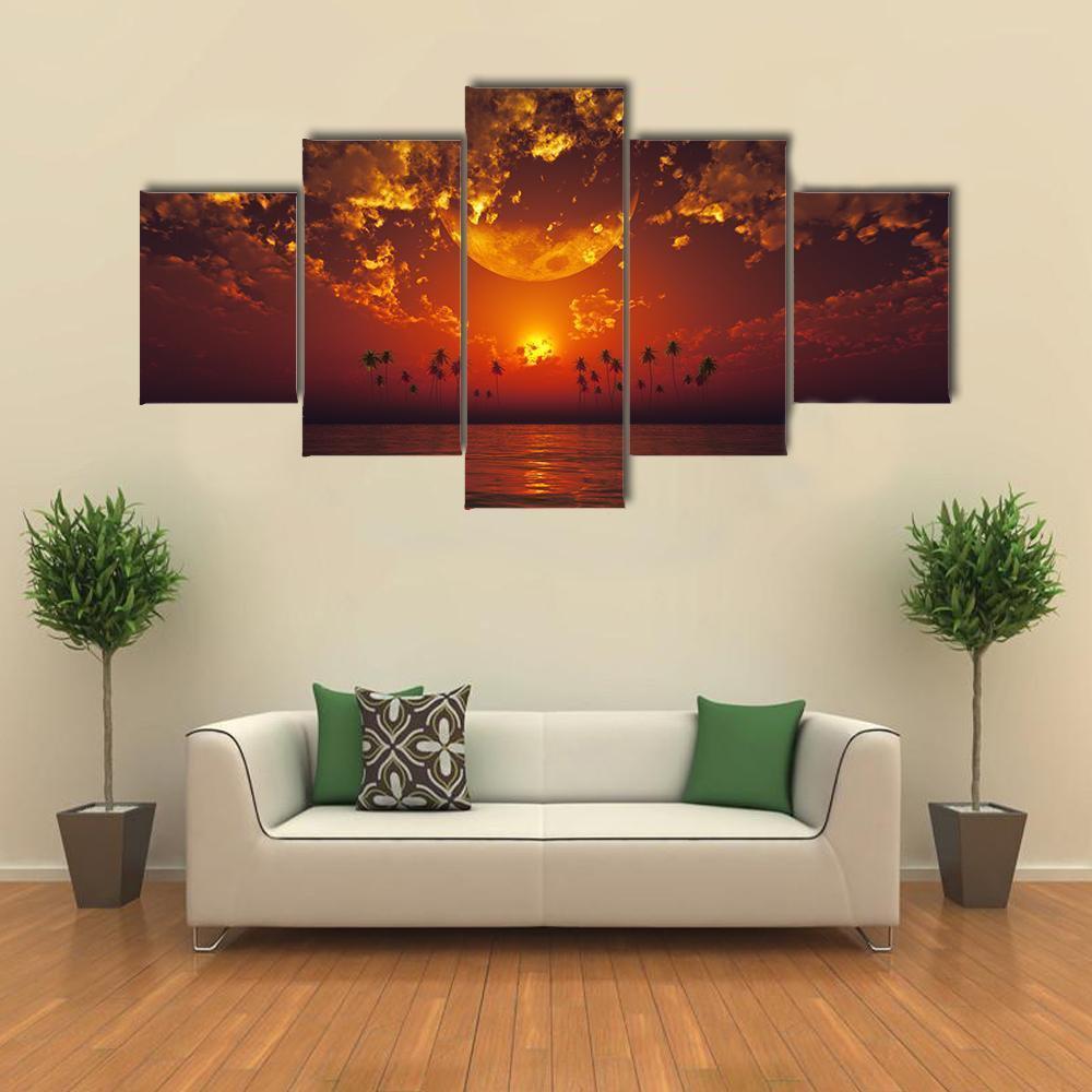 Big Moon In Clouds Canvas Wall Art-5 Star-Gallery Wrap-62" x 32"-Tiaracle