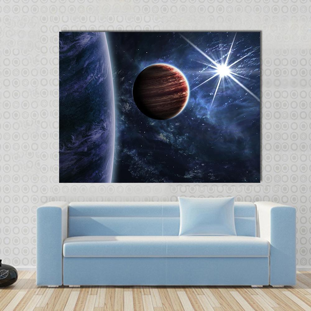 Big Planet Moon &amp; Star Canvas Wall Art in black, blue and purple, single panel hung on a wall