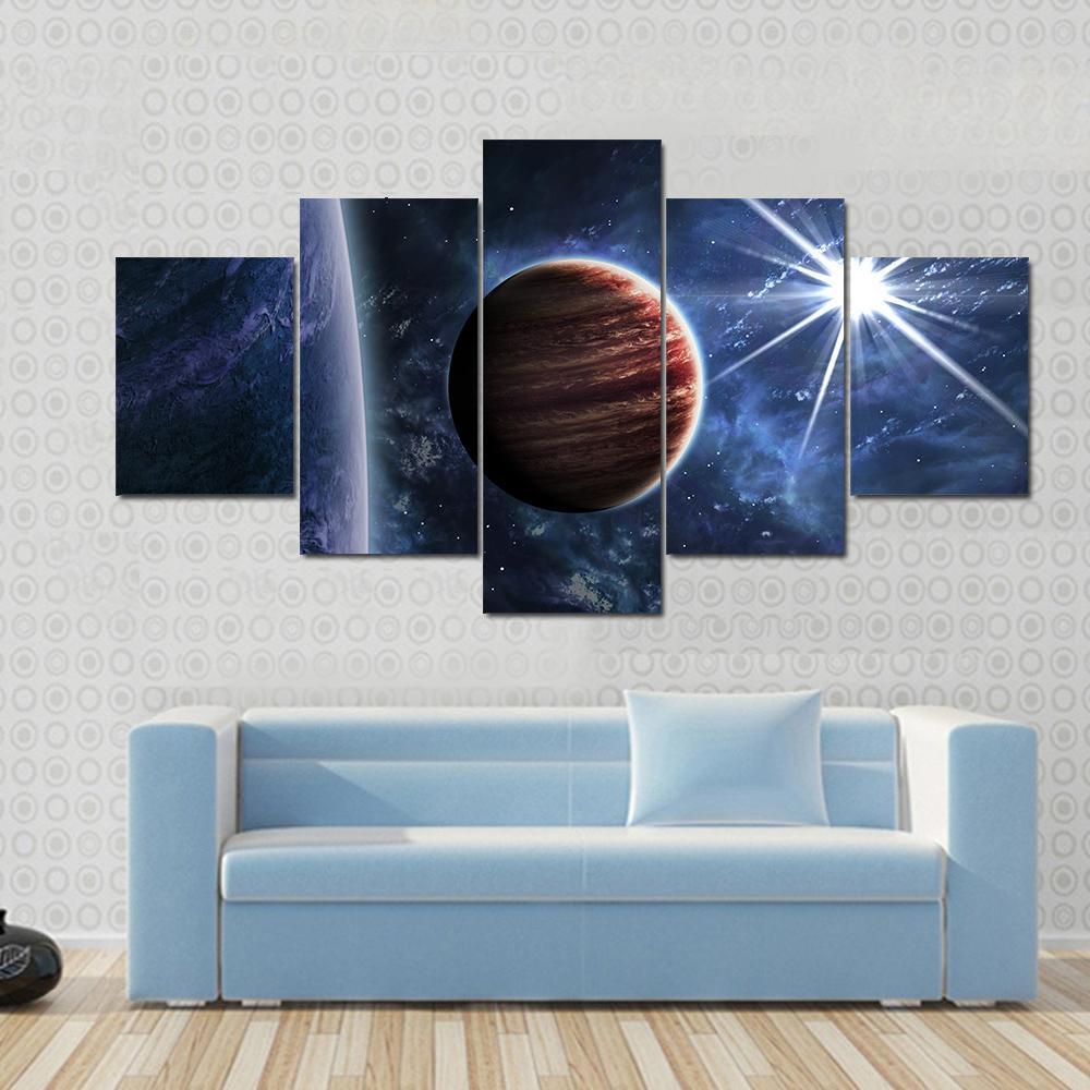 Big Planet Moon &amp; Star Canvas Wall Art-5 Star-Gallery Wrap-62" x 32"-Tiaracle