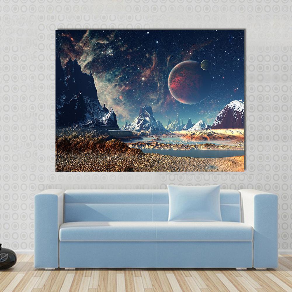 Alien Planet with Majestic Mountains Canvas Wall Art in black, orange and blue, single panel hung on a wall