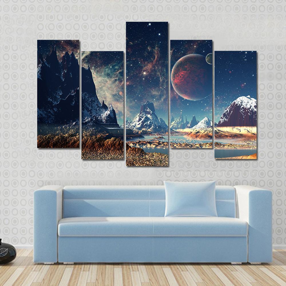 Big Planet With Mountains Canvas Wall Art-5 Pop-Gallery Wrap-47" x 32"-Tiaracle