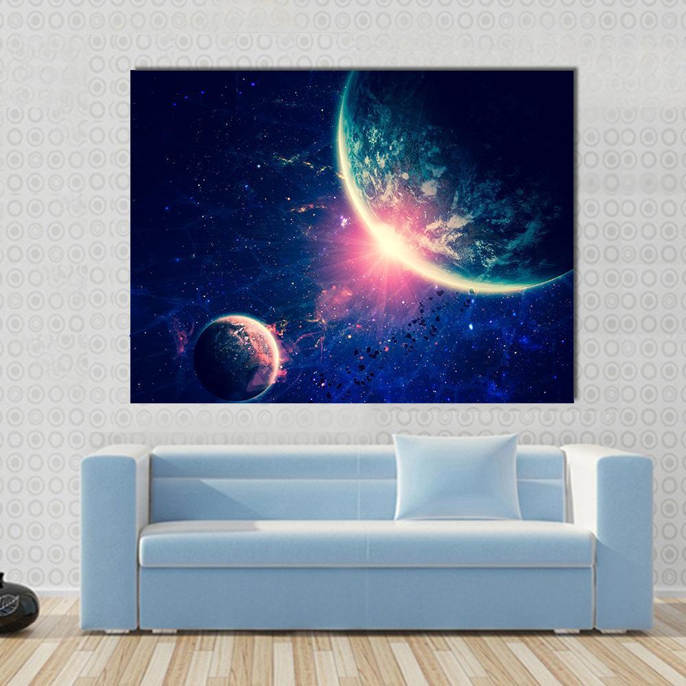 Beautiful Space Background Canvas Wall Art in blue, navy and purple, single panel hung on a wall
