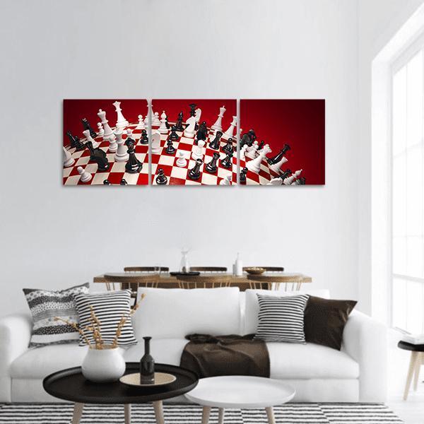 White &amp; Black Chess Panoramic Canvas Wall Art-3 Piece-25" x 08"-Tiaracle