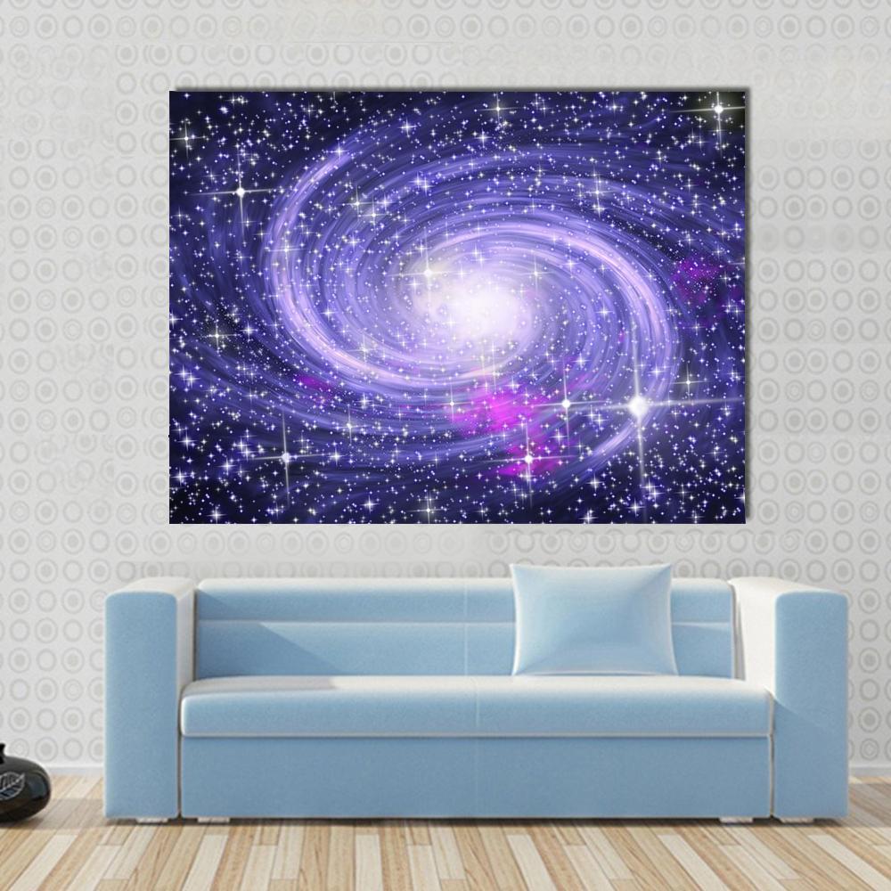Spiral Galaxy with Bright White Core Canvas Wall Art in white, blue and purple, single panel hung on a wall