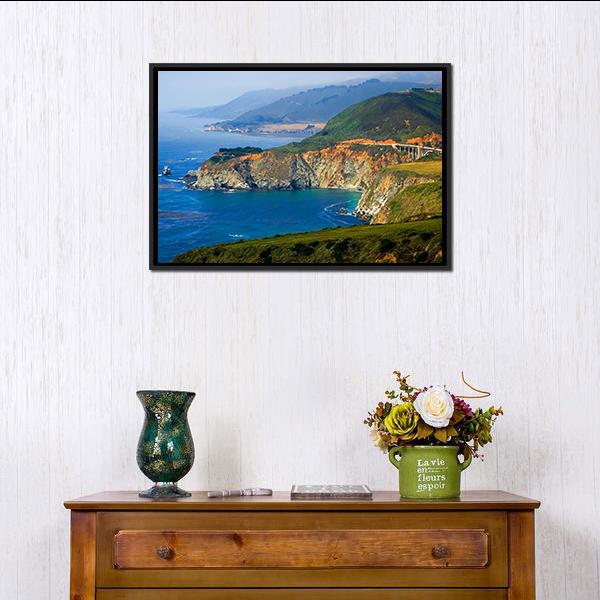 Big Sur Coast and Bixby Creek Bridge Canvas Wall Art in brown, green and blue, framed canvas, product view on a white background