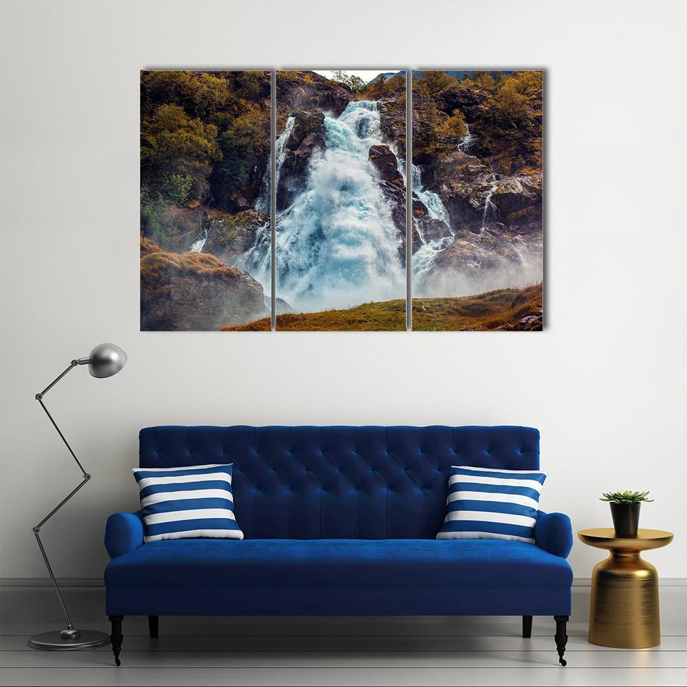 Big Waterfall Norway Canvas Wall Art-3 Horizontal-Gallery Wrap-37" x 24"-Tiaracle