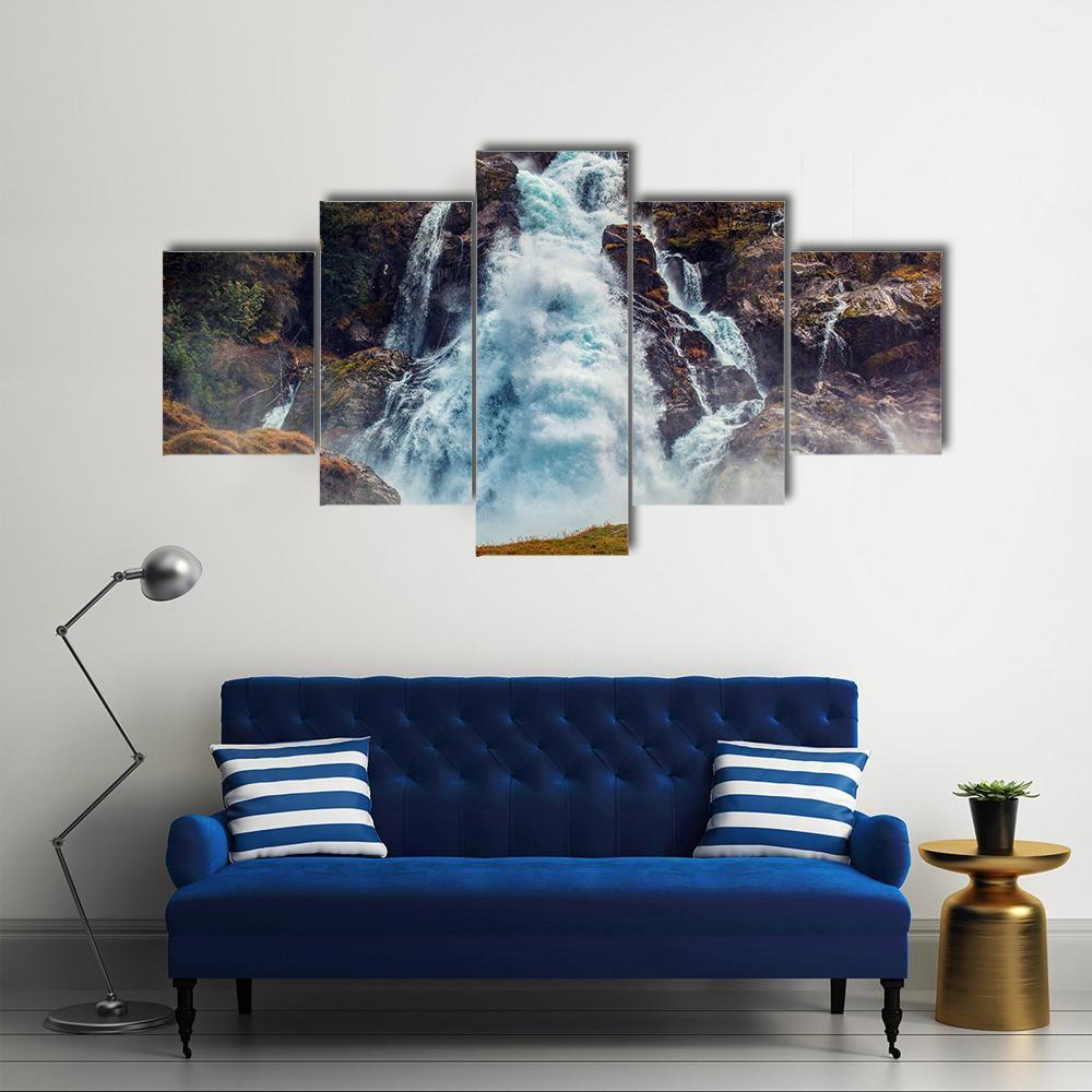 Big Waterfall Norway Canvas Wall Art-5 Star-Gallery Wrap-62" x 32"-Tiaracle