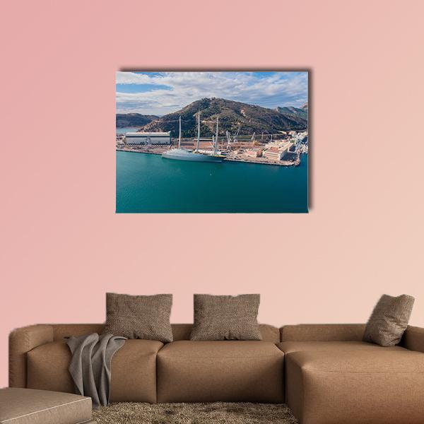Largest Sailing Yacht in Spain Canvas Wall Art in brown, green and blue, single panel hung on a wall