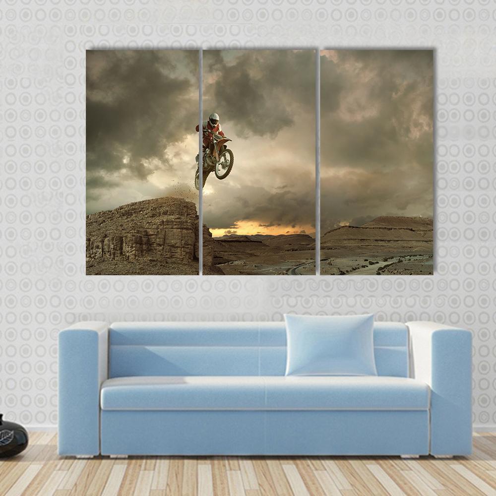 Biker Doing Stunt Canvas Wall Art-3 Horizontal-Gallery Wrap-37" x 24"-Tiaracle