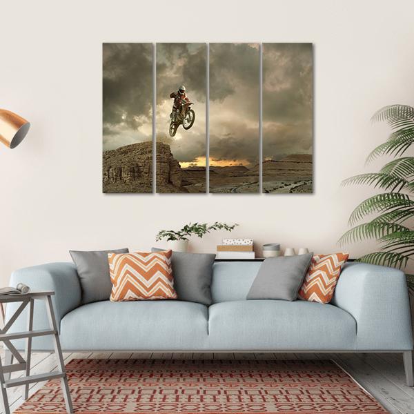 Biker Doing Stunt Canvas Wall Art-4 Horizontal-Gallery Wrap-34" x 24"-Tiaracle