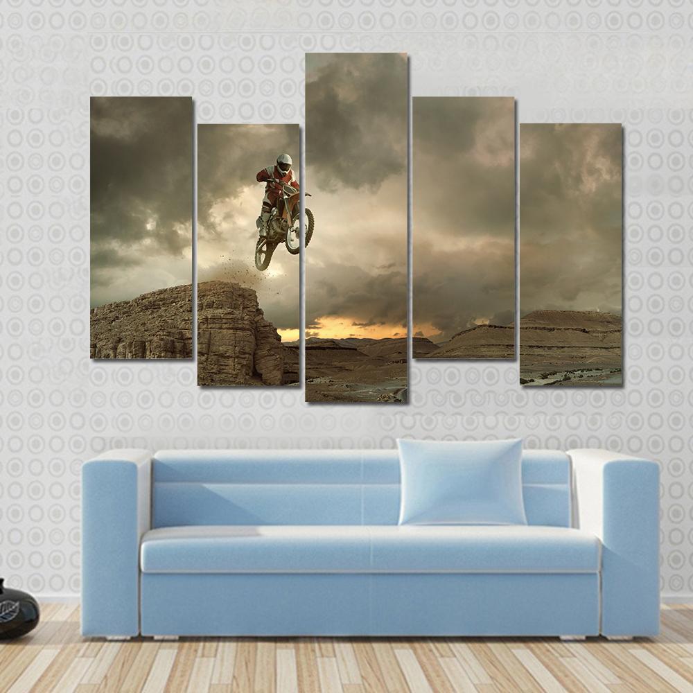 Biker Doing Stunt Canvas Wall Art-5 Pop-Gallery Wrap-47&quot; x 32&quot;-Tiaracle