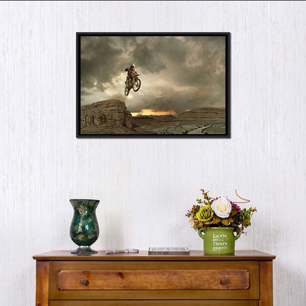 Biker Doing Stunt Canvas Wall Art-1 Piece-Floating Frame-24&quot; x 16&quot;-Tiaracle