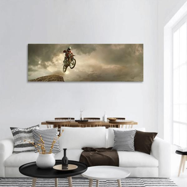 Biker Doing Stunt Panoramic Canvas Wall Art-3 Piece-25" x 08"-Tiaracle