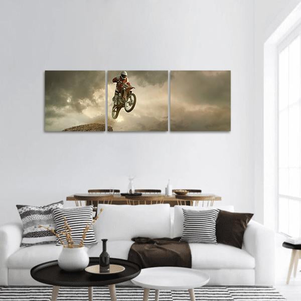 Biker Doing Stunt Panoramic Canvas Wall Art-3 Piece-25" x 08"-Tiaracle