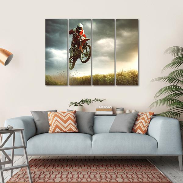 Biker Making A Stunt And Jumps In The Air Canvas Wall Art-4 Horizontal-Gallery Wrap-34" x 24"-Tiaracle
