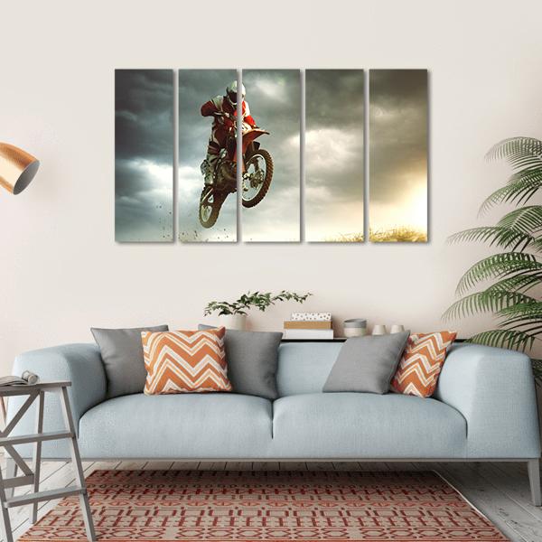 Biker Making A Stunt And Jumps In The Air Canvas Wall Art-5 Horizontal-Gallery Wrap-22&quot; x 12&quot;-Tiaracle