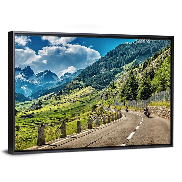 Bikers Group On Mountainous Road Canvas Wall Art-3 Horizontal-Gallery Wrap-25" x 16"-Tiaracle