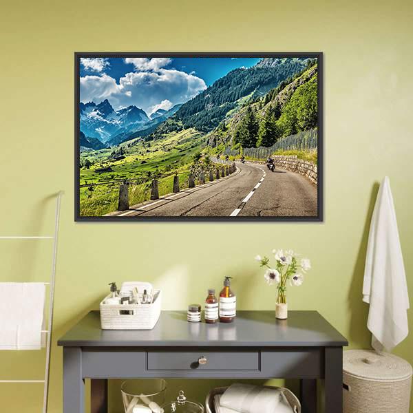 Bikers Group On Mountainous Road Canvas Wall Art-1 Piece-Floating Frame-24" x 16"-Tiaracle