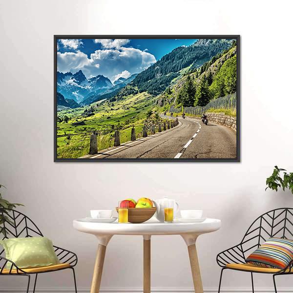 Bikers Group On Mountainous Road Canvas Wall Art-3 Horizontal-Gallery Wrap-25" x 16"-Tiaracle