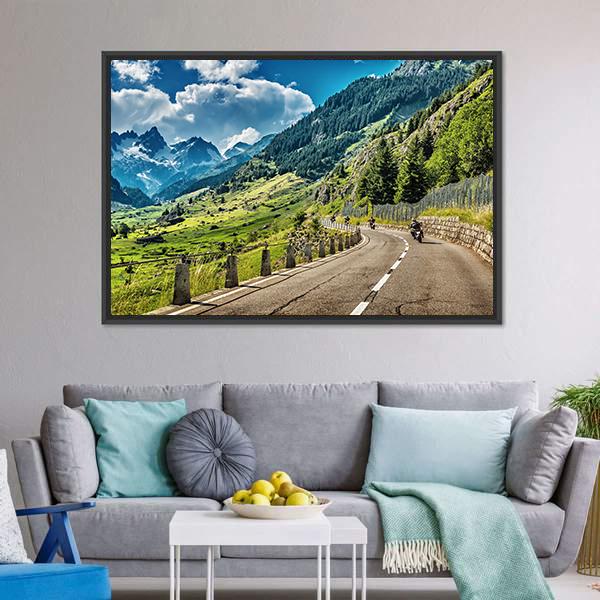 Bikers Group On Mountainous Road Canvas Wall Art-3 Horizontal-Gallery Wrap-25" x 16"-Tiaracle