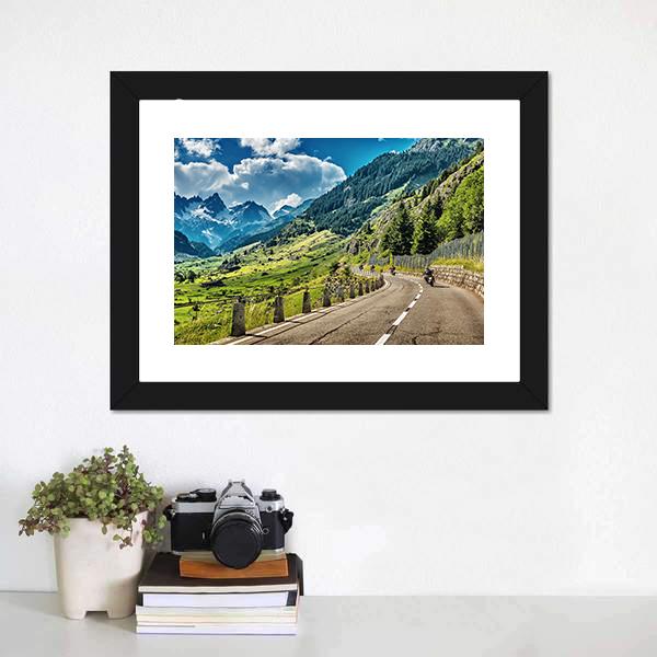 Bikers Group On Mountainous Road Canvas Wall Art-1 Piece-Framed Print-20" x 16"-Tiaracle