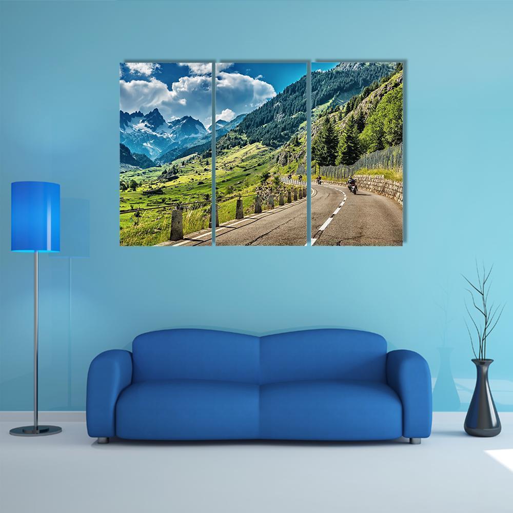 Bikers Group On Mountainous Road Canvas Wall Art-3 Horizontal-Gallery Wrap-37" x 24"-Tiaracle