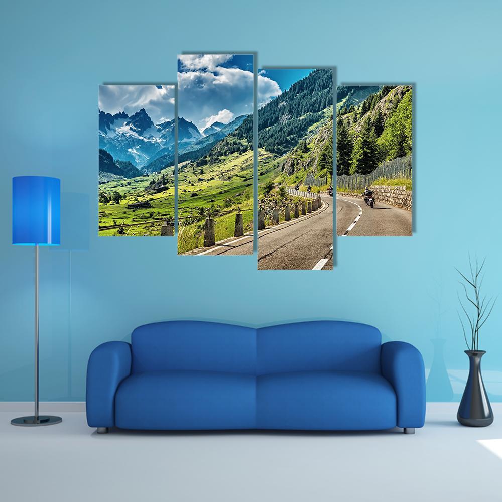 Bikers Group On Mountainous Road Canvas Wall Art-4 Pop-Gallery Wrap-50" x 32"-Tiaracle