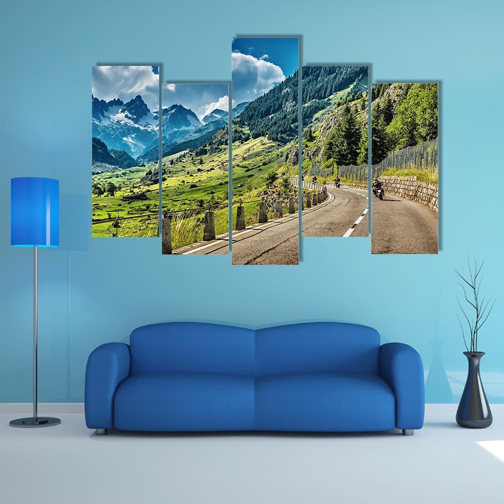 Bikers Group On Mountainous Road Canvas Wall Art-5 Pop-Gallery Wrap-47" x 32"-Tiaracle