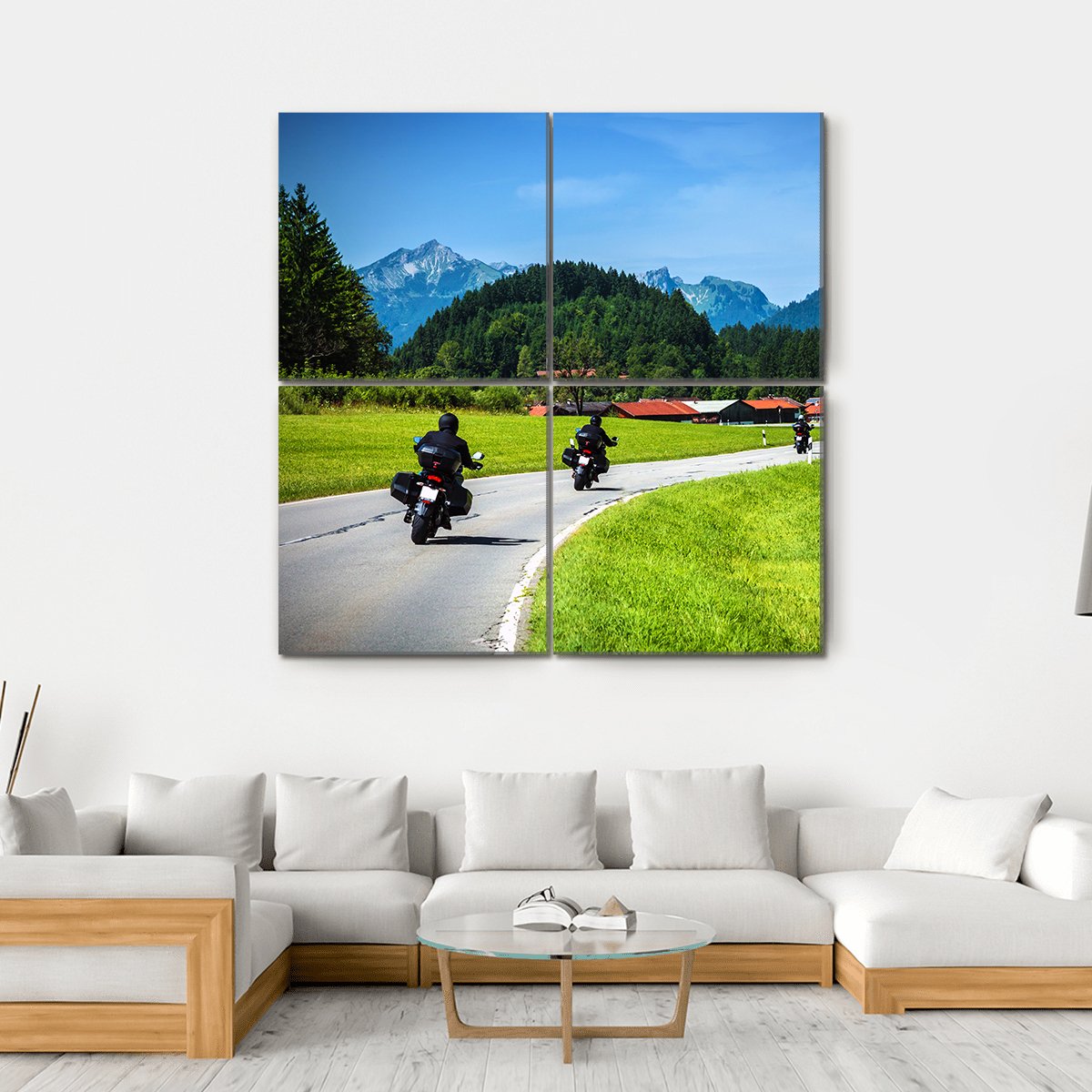 Motorcyclists on Winding Mountain Road Canvas Wall Art in gray, green and blue, hung on a wall