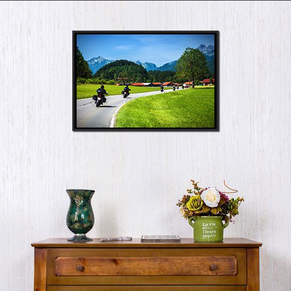 Bikers On Mountainous Road Canvas Wall Art-1 Piece-Floating Frame-24" x 16"-Tiaracle