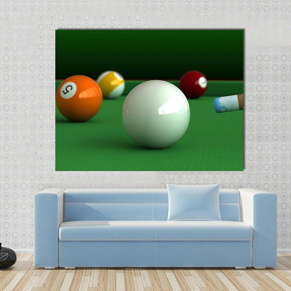 Billiard Balls and Table Canvas Wall Art in white, orange and green, single panel hung on a wall