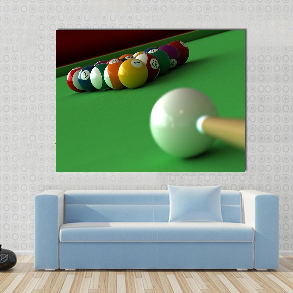 Numbered Billiard Balls on Green Felt Canvas Wall Art in green and multicolor, single panel hung on a wall