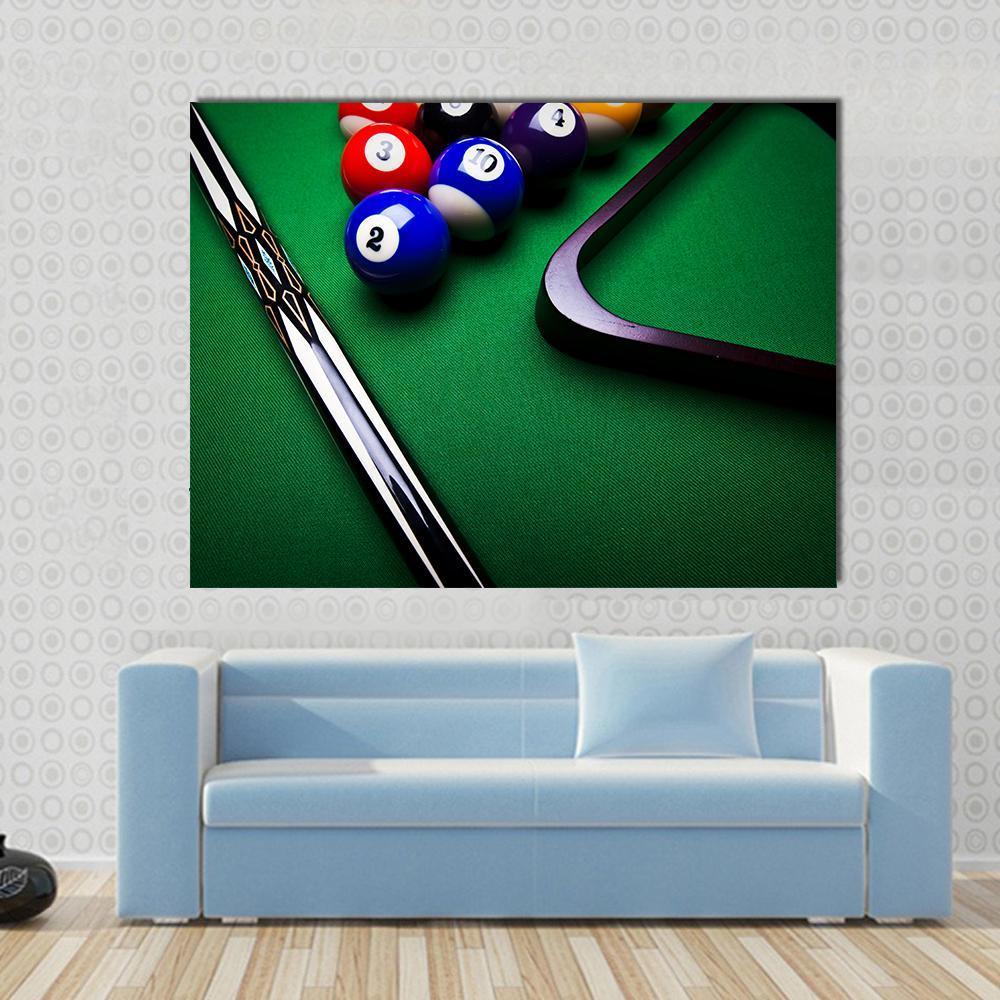 Billiard Balls Canvas Wall Art in black, green and blue, single panel hung on a wall