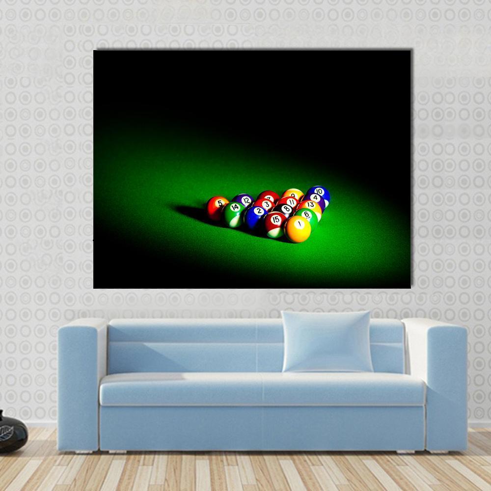 Billiard Balls Under Light Canvas Wall Art in black and green, single panel hung on a wall