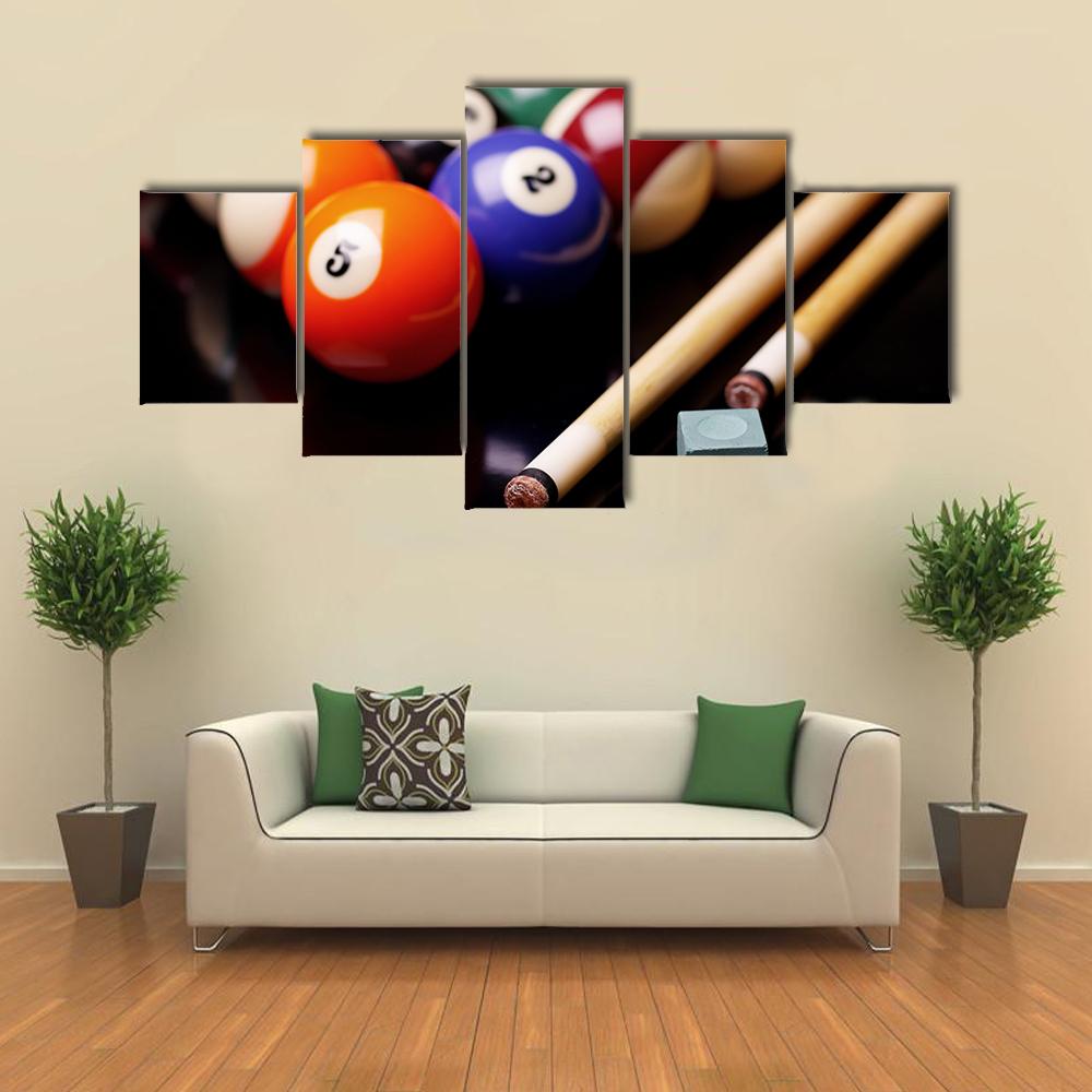 Billiard Balls With Cues Canvas Wall Art-5 Star-Gallery Wrap-42&quot; x 21&quot;-Tiaracle
