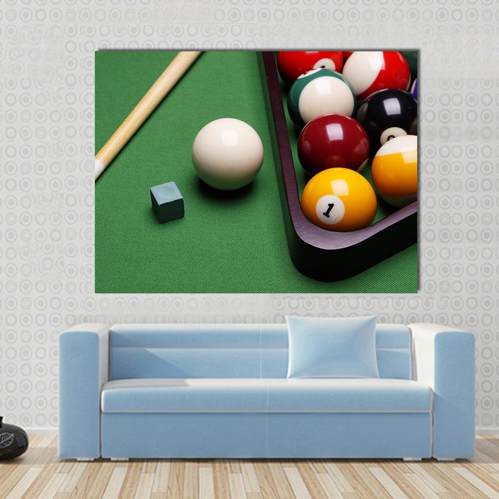 Billiard Equipment Canvas Wall Art in white, green and multicolor, single panel hung on a wall