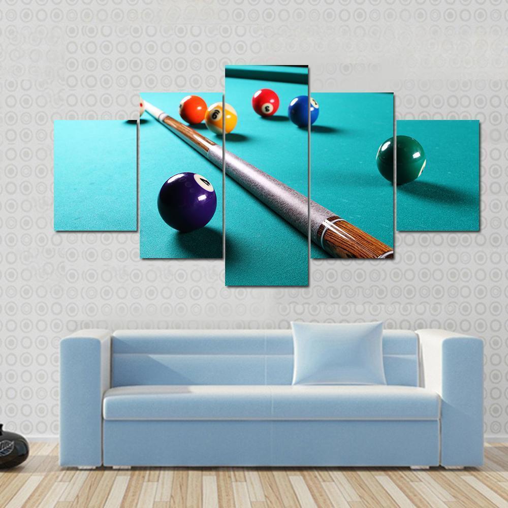 Billiard Table With Equipment Canvas Wall Art-5 Star-Gallery Wrap-62&quot; x 32&quot;-Tiaracle