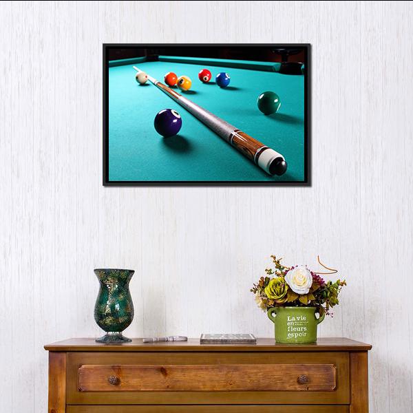 Billiard Table with Equipment Canvas Wall Art in brown, green and multicolor, framed canvas, product view on a white background