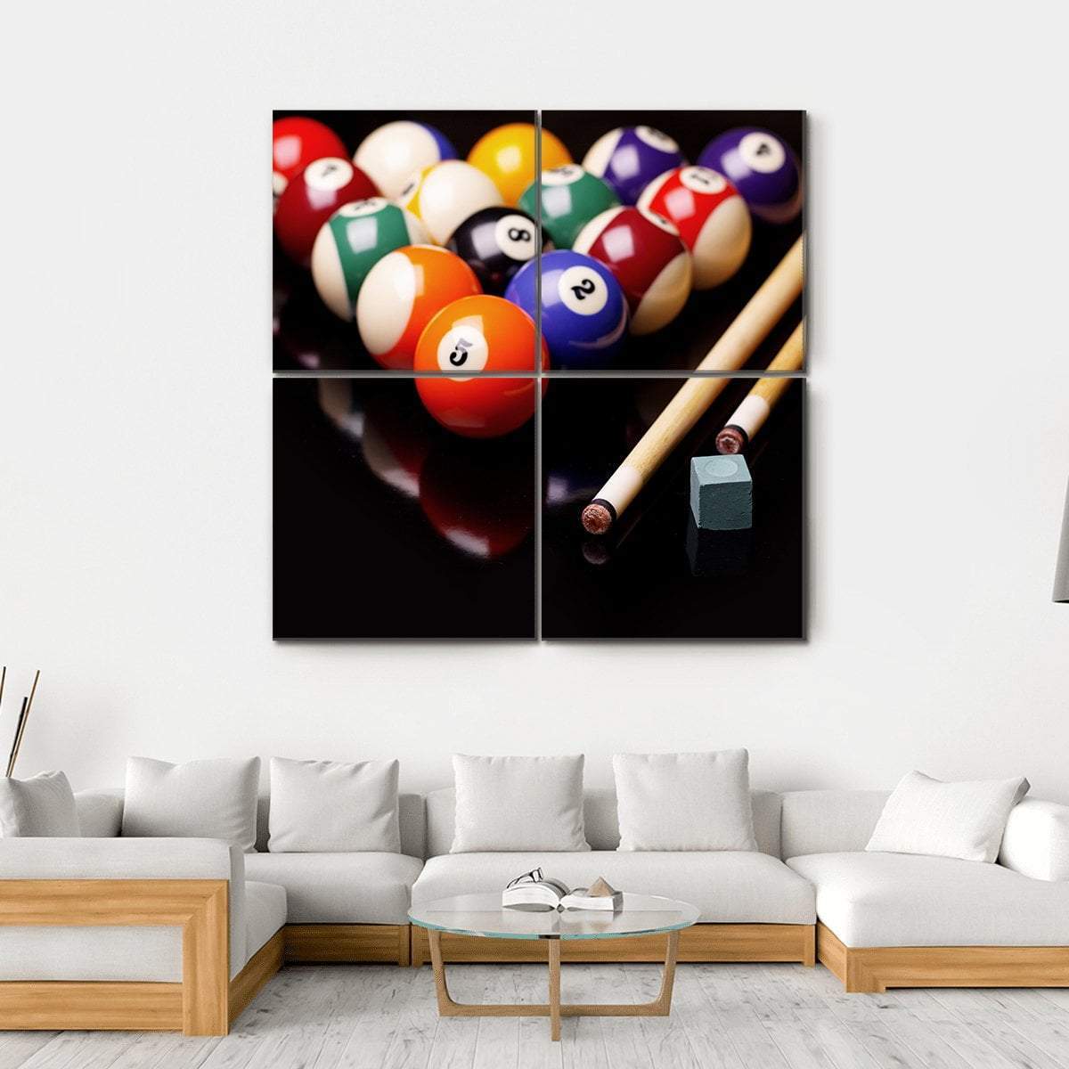 Snooker Balls, Cues, and Chalk Canvas Wall Art in black and multicolor, hung on a wall